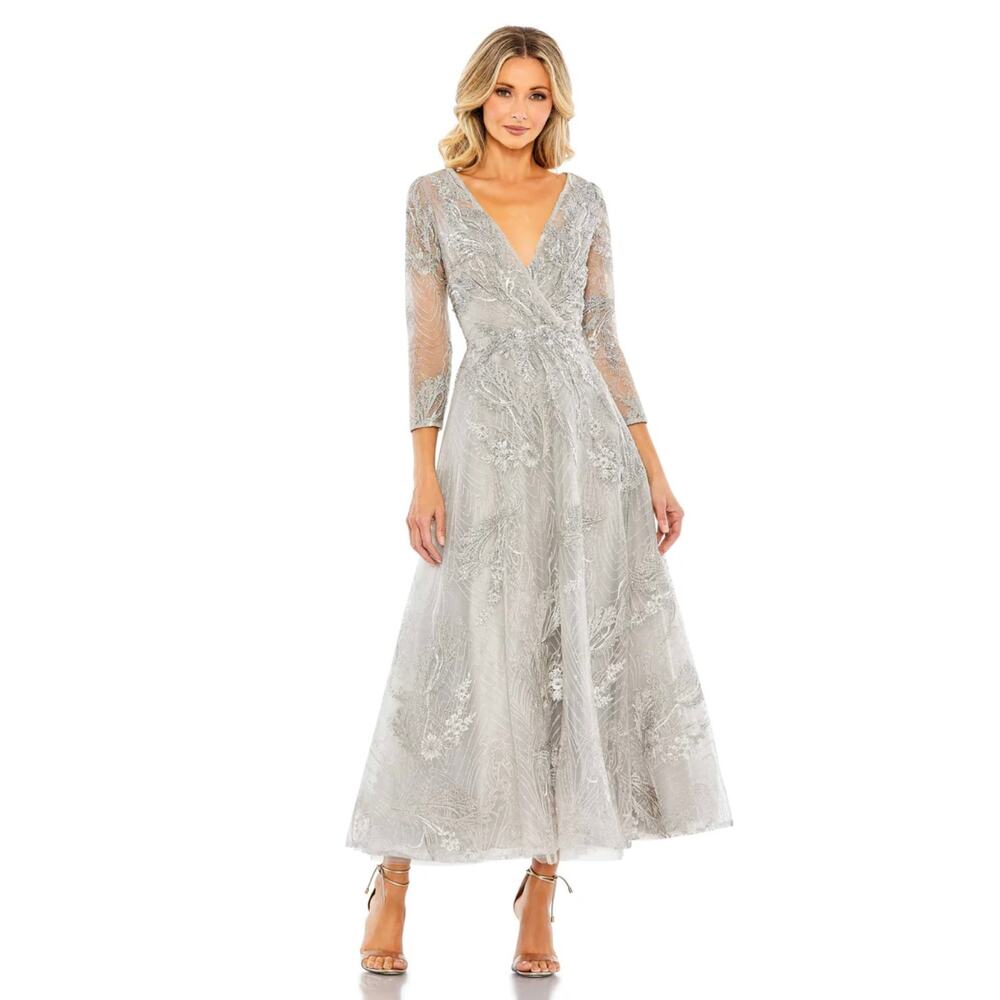 Mac Duggal 20336 Platinum Embellished Wrap Over 3/4 Sleeve Dress Size 12 FLAW